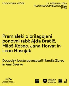 Rethinking Adaptive Reuse: predavanja Ajde Bračič, Miloša Kosca, Jane Horvat in Leona Husnjaka